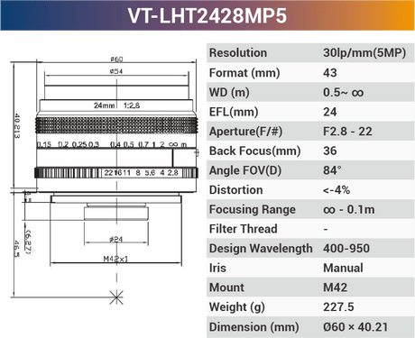 VT-LHF/T-MP5 5MP Large Format F/T Mount Lens for 4K Line Scan Cameras - Vision Datum