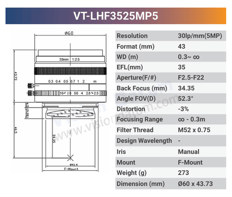 VT-LHF/T-MP5 5MP Large Format F/T Mount Lens for 4K Line Scan Cameras - Vision Datum