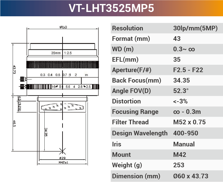 VT-LHF/T-MP5 5MP Large Format F/T Mount Lens for 4K Line Scan Cameras - Vision Datum