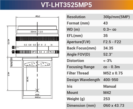 VT-LHF/T-MP5 5MP Large Format F/T Mount Lens for 4K Line Scan Cameras - Vision Datum