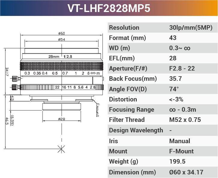 VT-LHF/T-MP5 5MP Large Format F/T Mount Lens for 4K Line Scan Cameras - Vision Datum