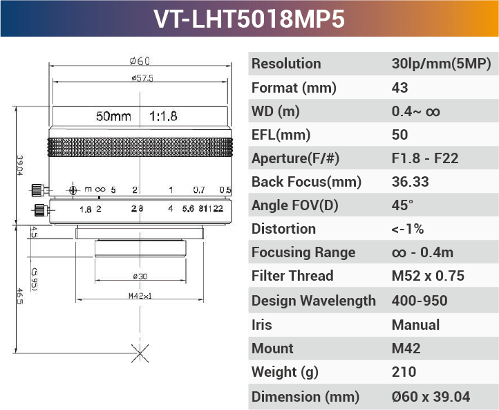 VT-LHF/T-MP5 5MP Large Format F/T Mount Lens for 4K Line Scan Cameras - Vision Datum