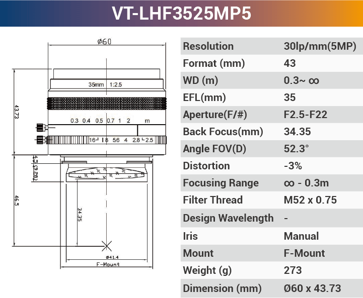 VT-LHF/T-MP5 5MP Large Format F/T Mount Lens for 4K Line Scan Cameras - Vision Datum
