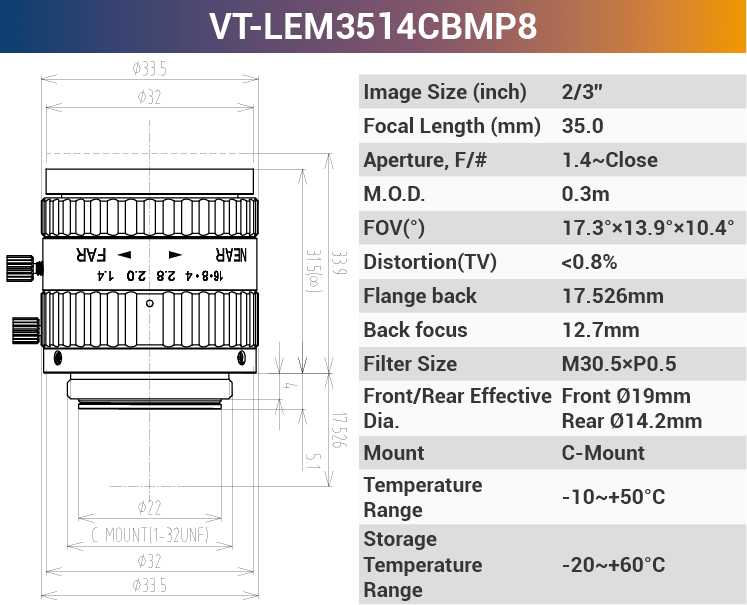 2/3'' 8MP 400-950nm C-Mount Fixed Lenses VT-LEM0814CBMP8 - Vision Datum