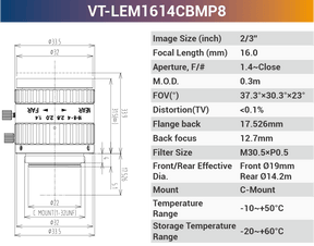 2/3'' 8MP 400-950nm C-Mount Fixed Lenses VT-LEM0814CBMP8 - Vision Datum