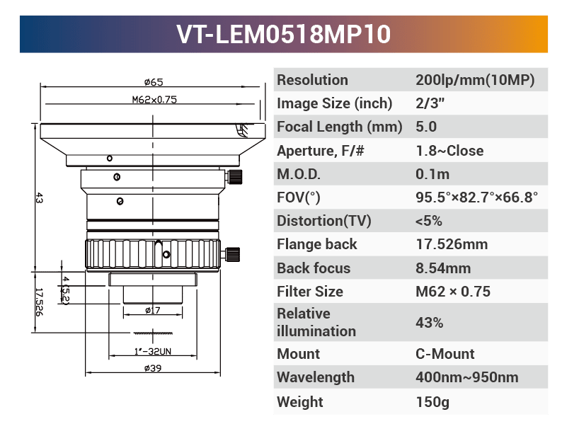 2/3'' 8MP 400-950nm C-Mount Fixed Lenses VT-LEM0814CBMP8 - Vision Datum