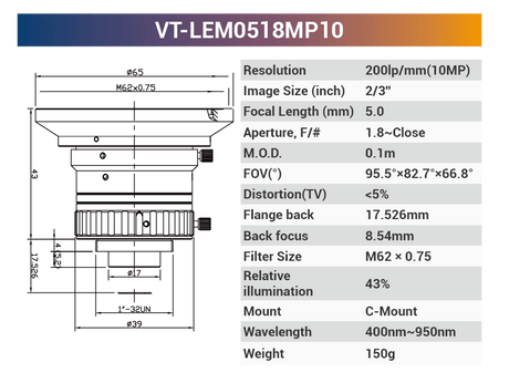 2/3'' 8MP 400-950nm C-Mount Fixed Lenses VT-LEM0814CBMP8 - Vision Datum