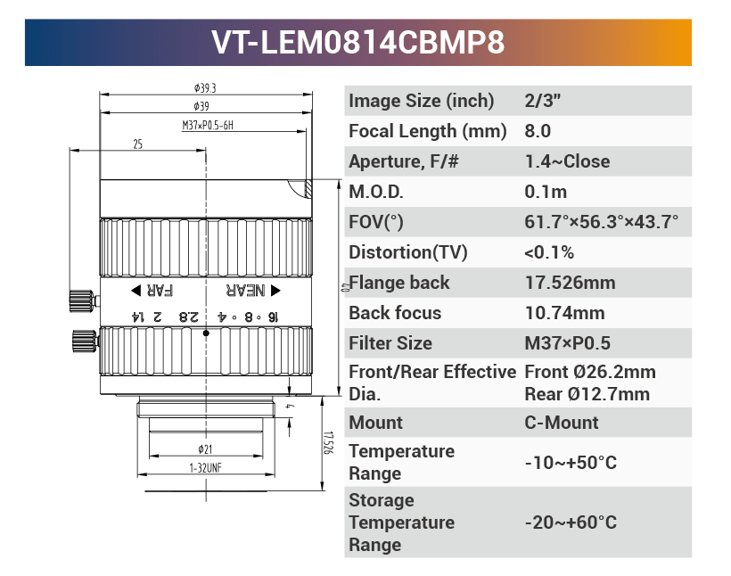 2/3'' 8MP 400-950nm C-Mount Fixed Lenses VT-LEM0814CBMP8 - Vision Datum