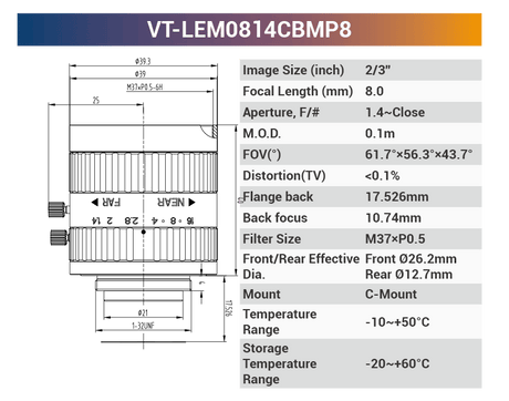 2/3'' 8MP 400-950nm C-Mount Fixed Lenses VT-LEM0814CBMP8 - Vision Datum