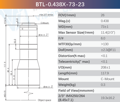 2/3'' C-Mount Low Distortion Bi-Telecentric Lenses for High Pixel Cameras