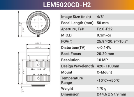 4/3'' 10MP C-Mount Ultra Low Distortion CCTV lens For Machine Industrial Camera - Vision Datum