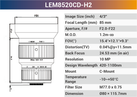 4/3'' 10MP C-Mount Ultra Low Distortion CCTV lens For Machine Industrial Camera - Vision Datum