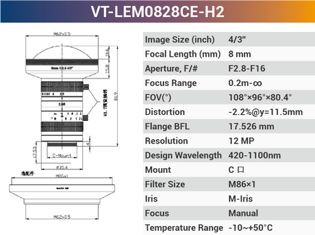 4/3'' 10MP C-Mount Ultra Low Distortion CCTV lens For Machine Industrial Camera - Vision Datum