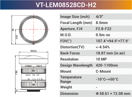 4/3'' 10MP C-Mount Ultra Low Distortion CCTV lens For Machine Industrial Camera - Vision Datum