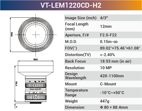 4/3'' 10MP C-Mount Ultra Low Distortion CCTV lens For Machine Industrial Camera - Vision Datum