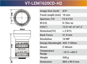 4/3'' 10MP C-Mount Ultra Low Distortion CCTV lens For Machine Industrial Camera - Vision Datum