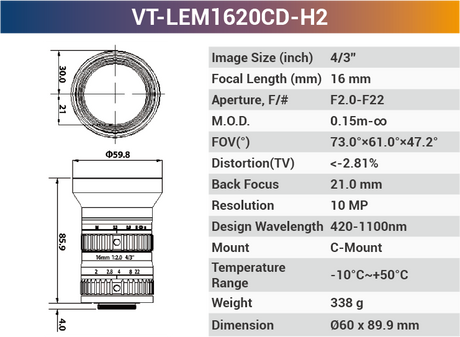 4/3'' 10MP C-Mount Ultra Low Distortion CCTV lens For Machine Industrial Camera - Vision Datum