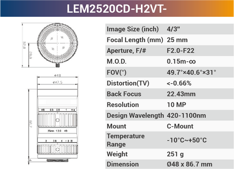 4/3'' 10MP C-Mount Ultra Low Distortion CCTV lens For Machine Industrial Camera - Vision Datum
