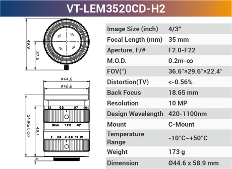 4/3'' 10MP C-Mount Ultra Low Distortion CCTV lens For Machine Industrial Camera - Vision Datum
