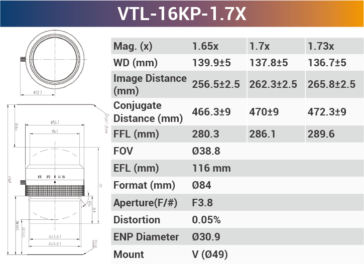16k5μ V-mount 82mm Sensor Size high resolution Line Scan Lens