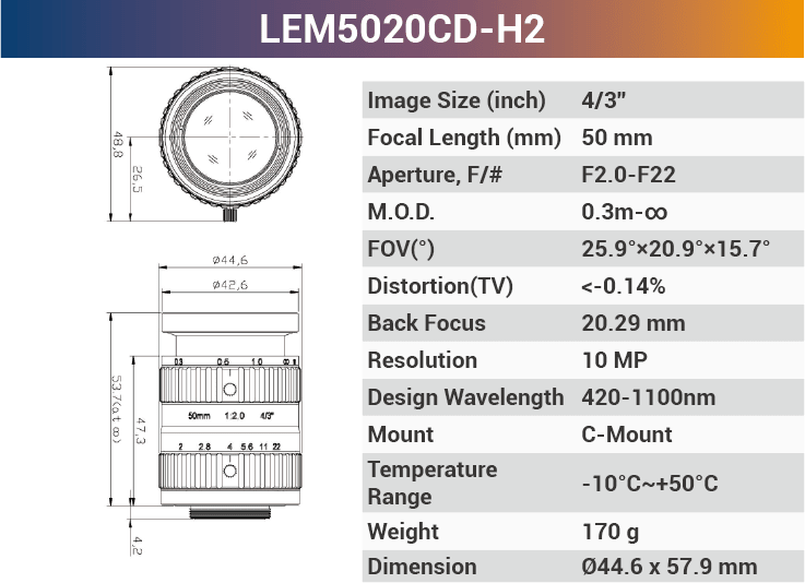 VT-LEM-CD-H2 4/3" 10MP C-Mount Fixed Lens 400–700nm – Low Distortion Industrial Lens - Vision Datum
