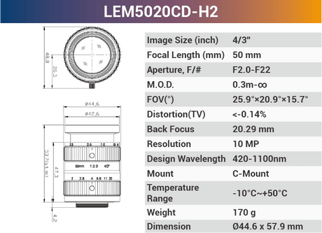 VT-LEM-CD-H2 4/3" 10MP C-Mount Fixed Lens 400–700nm – Low Distortion Industrial Lens - Vision Datum