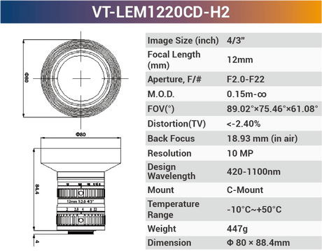 VT-LEM-CD-H2 4/3" 10MP C-Mount Fixed Lens 400–700nm – Low Distortion Industrial Lens - Vision Datum