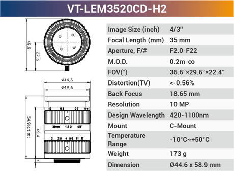 VT-LEM-CD-H2 4/3" 10MP C-Mount Fixed Lens 400–700nm – Low Distortion Industrial Lens - Vision Datum