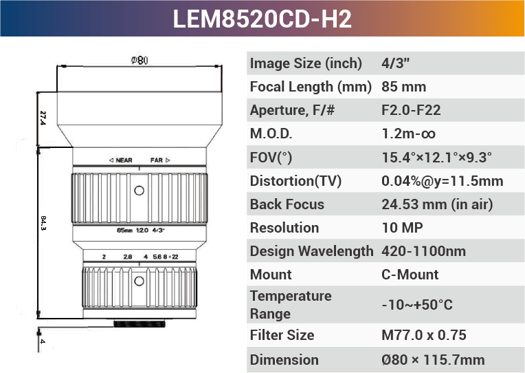 VT-LEM-CD-H2 4/3" 10MP C-Mount Fixed Lens 400–700nm – Low Distortion Industrial Lens - Vision Datum