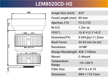 VT-LEM-CD-H2 4/3" 10MP C-Mount Fixed Lens 400–700nm – Low Distortion Industrial Lens - Vision Datum