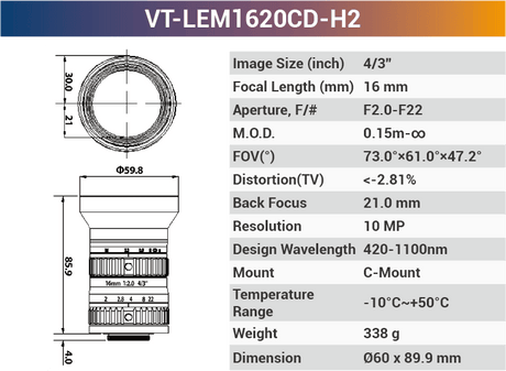 VT-LEM-CD-H2 4/3" 10MP C-Mount Fixed Lens 400–700nm – Low Distortion Industrial Lens - Vision Datum