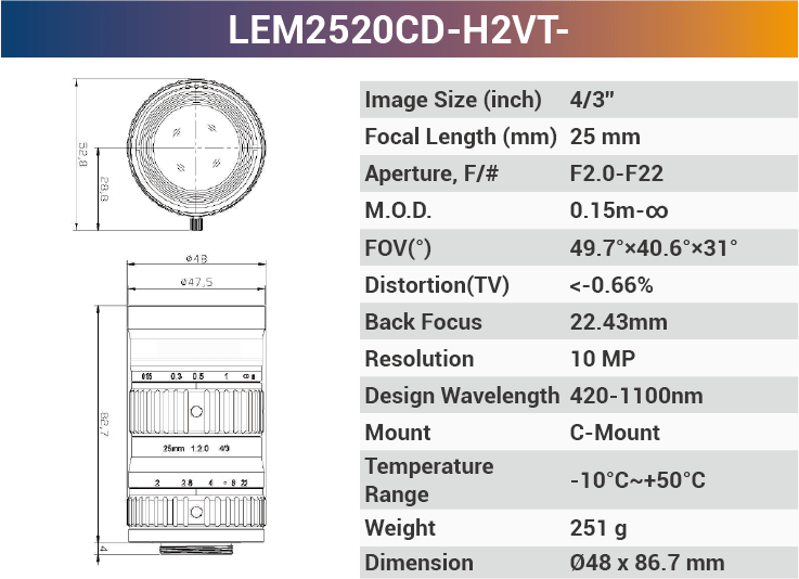 VT-LEM-CD-H2 4/3" 10MP C-Mount Fixed Lens 400–700nm – Low Distortion Industrial Lens - Vision Datum