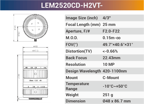 VT-LEM-CD-H2 4/3" 10MP C-Mount Fixed Lens 400–700nm – Low Distortion Industrial Lens - Vision Datum