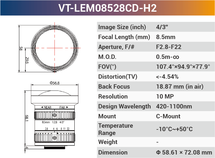VT-LEM-CD-H2 4/3" 10MP C-Mount Fixed Lens 400–700nm – Low Distortion Industrial Lens - Vision Datum