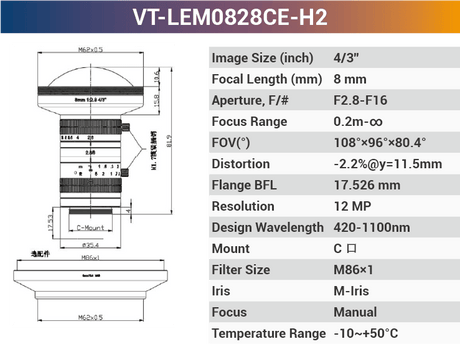 VT-LEM-CD-H2 4/3" 10MP C-Mount Fixed Lens 400–700nm – Low Distortion Industrial Lens - Vision Datum